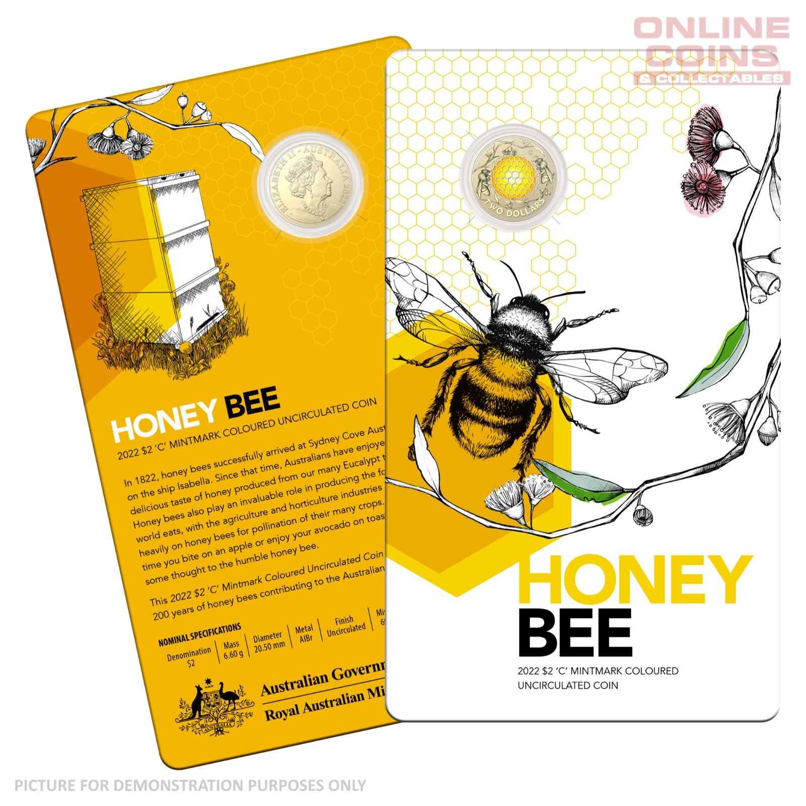 2022 $2 AlBr C Mintmark Coloured Uncirculated Carded Coin - Australian Honey Bees